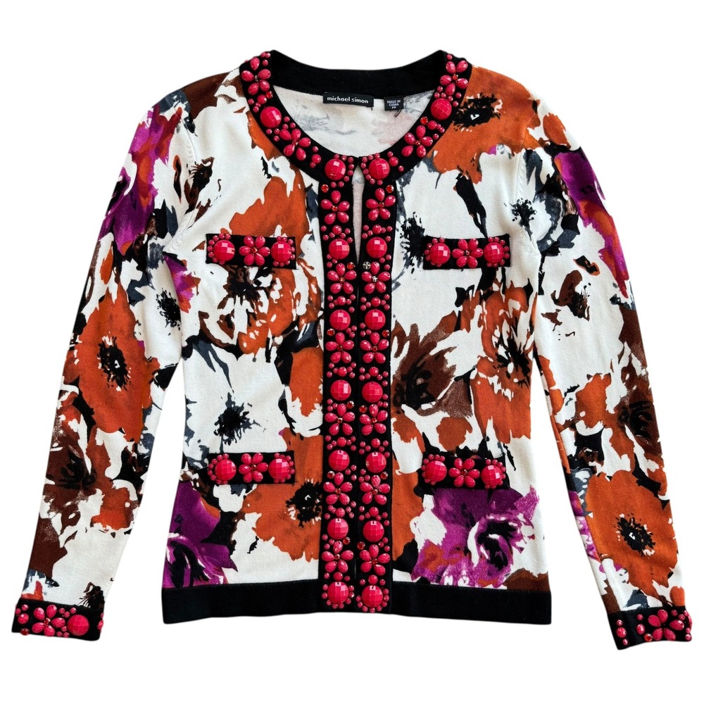 Michael Simon Embellished Floral Cardigan Sweater Women's Petite PP